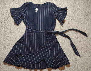 Vestido Express Azul Marino Rayas Talla Mediana Manga Corta Cintura Corbata Nuevo - Imagen 1 de 8