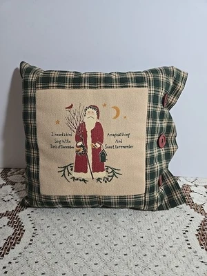 Alice's Cottage Santa Claus Green Plaid Rustic Look Christmas Pillow  Bird Sing - Image 1 of 4