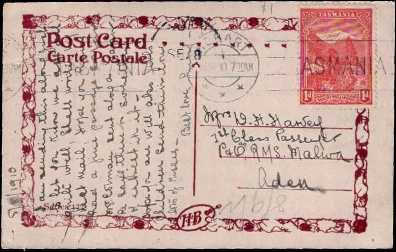 Tarjeta postal ilustrada de Tasmania 1d - 1910 a Adén (dirección militar) Foto 1 de 2