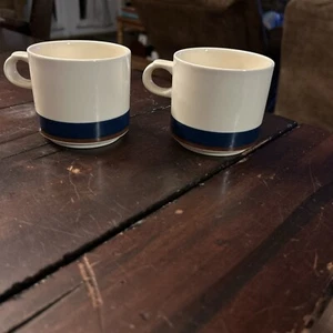 Stoneware Japan Coffee Mug Tea Cup Lot Of 2 Cream With Navy Brown Stripe 8 oz - Picture 1 of 6