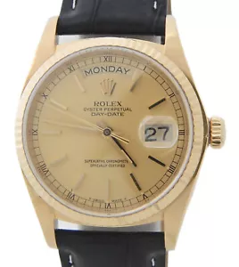 Rolex Mens Day-Date 18K Yellow Gold Watch Champagne Dial Quickset 18038 Black - Picture 1 of 7