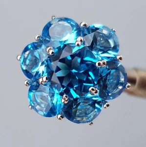 White Gold & Round Blue Topaz Flower cocktail Dress Ring - Picture 1 of 12