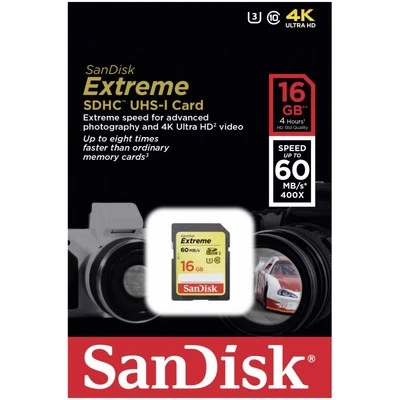 SanDisk 16GB Extreme SDHC 60MB/S Class 10 400x UHS-I U3 Camera Flash Memory Card - Image 1 of 2