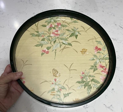 Kraftware 12.5" Vintage Round Serving Tray Green Faux Leather Oriental Flowers - Image 1 of 4