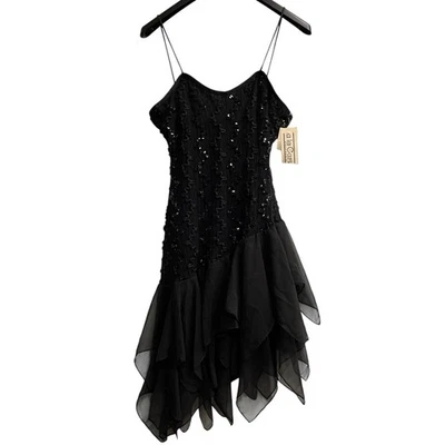Vintage Ala Carte Y2K Dress 12 Black Sequin Asymmetric Layer Mesh Whimsy Hoco - Image 1 of 4