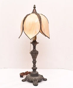 Antique Art Nouveau Victorian 5 Panel Marbled Slag Stained Glass Table Lamp 24" - Picture 1 of 16