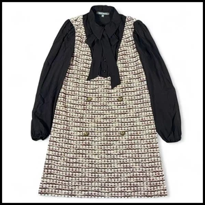 Julia Jordan Long Sleeve Mixed Media Pinafore Tweed Dress Twee Academia Black 6 - Picture 1 of 9