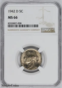 1942-D Jefferson nickel NGC MS66 GEM BU non circulé - Photo 1/2