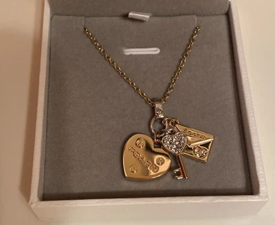 COACH Multi Dije Colgante Collar Plata, Oro, Oro Rosa 28” Corazón, Llave NUEVO Foto 1 de 4