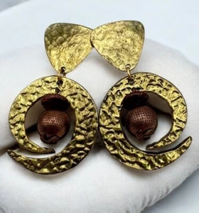 Vintage Gold Tone Textured Earrings Geometric With Swirl Design Bronze Accents - Picture 1 of 6