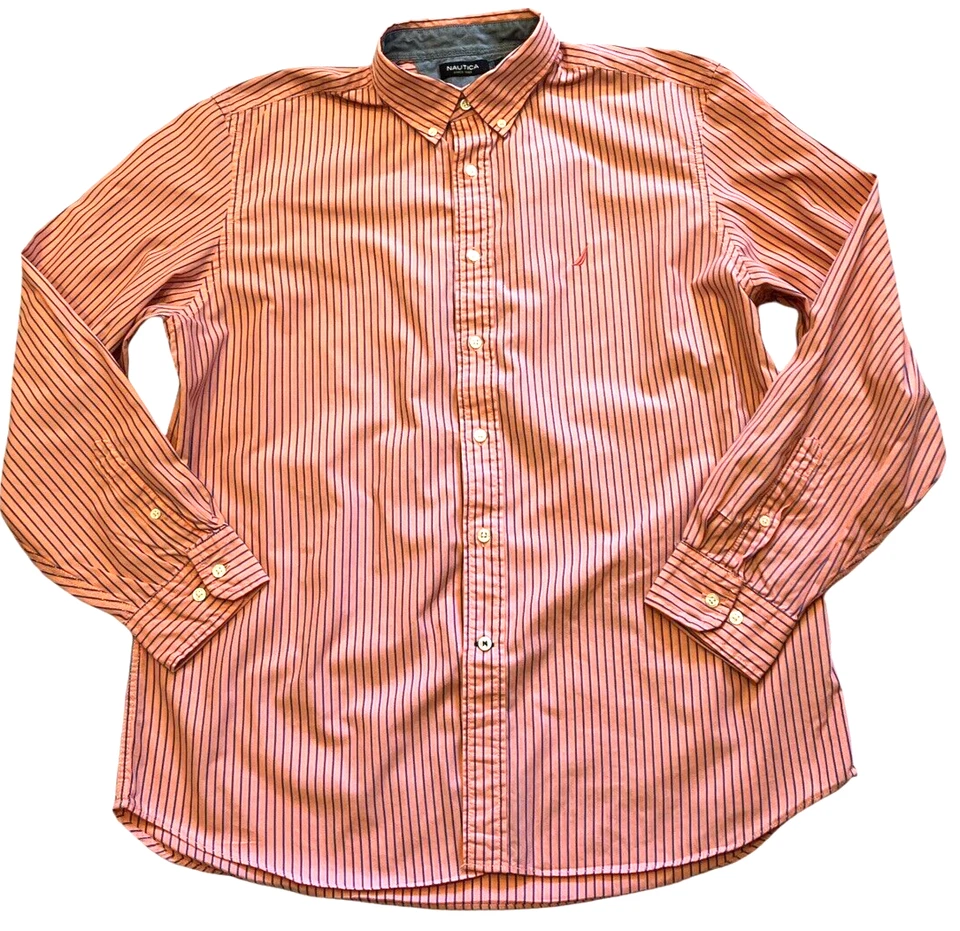 Nautica Shirt Mens XL Button Down Long Sleeve Logo Orange Navy Stripe Auburn - Image 1 of 4