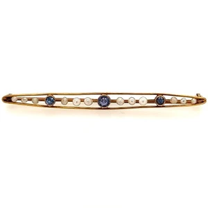 Estate 18k Yellow Gold Vintage Blue Sapphire Seed Pearl Pin Brooch 2.4 Gram - Picture 1 of 3
