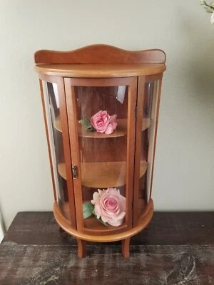 Vintage Table Top or Wall Hanger Mini Wood Curio Cabinet Curved Glass 23” Tall - Image 1 of 4