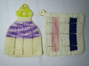 Vintage handgefertigte Topflappen heiße Pads elfenbein gelb lila gehäkelt quadratisch Glockenschlaufen - Bild 1 von 9