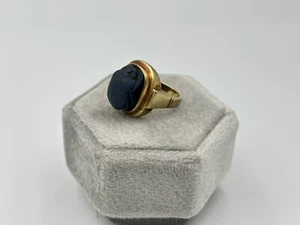 Vintage 14K Gold Egyptian Revival Blue Hardstone Faience Scarab Beetle Ring - Picture 1 of 6