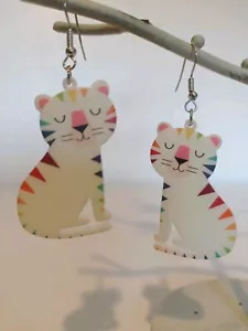 Cute White & Rainbow Tiger Earrings -Plastic. Kawaii/ Kitsch - Picture 1 of 10