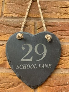 Personalised Slate Hanging Heart House Number Name Door Sign Plaque - Picture 1 of 2