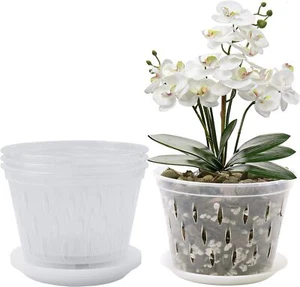 Orchid Pot, 8 Inch 4 Pack Orchid Pots with Holes and Saucers, Clear Plastic Orch - Picture 1 of 2