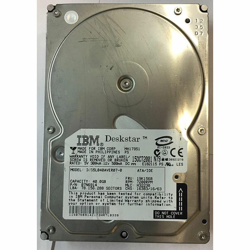 07N6914 - Hitachi 40GB 7200 RPM IDE 3.5" HDD - Image 1 of 1