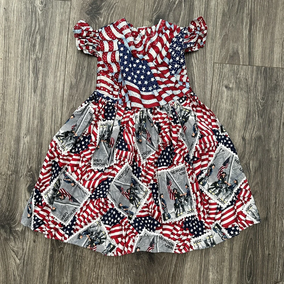 Hecho a mano Vintage Niñas Talla 5/6 Héroes Patrióticos Vestido Bandera 4 de Julio Cinta Corbata Foto 1 de 4
