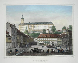 Rudolstadt Marktplatz Schloß Thüringen kolorierter echter alter Stahlstich 1852 - Picture 1 of 2