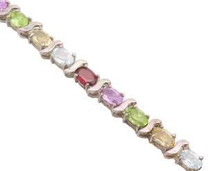 925 Sterling Silver Vintage Tennis Bracelet Rainbow Colored Oval Topaz BT10368 - Picture 1 of 6