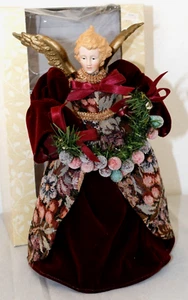 Angel Christmas Tree Topper Porcelain Head Elegant Tapestry & Velvet Dress Vtg - Picture 1 of 15