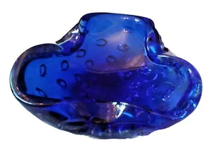 VINTAGE KOBALTBLAU BUBBLE ART GLAS MUNDGEBLASEN ASCHENBECHER 7" x 6,5" - Bild 1 von 11