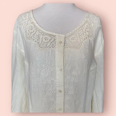 J Jill Lace Trim Blouse Women’s Ivory Button Front  Boho Peasant Large Read!! — 第 1/4 张图片