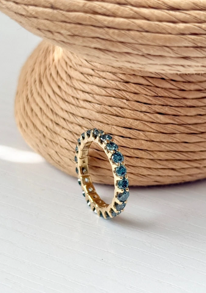 14K Yellow Gold Round Fancy Blue Natural Irradiated Diamond Eternity Ring 1.75ct - Image 1 of 4