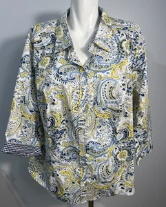 Basic Edition Women 2X Top White Blue Yellow Paisley Print Button Front New NWT - Picture 1 of 7