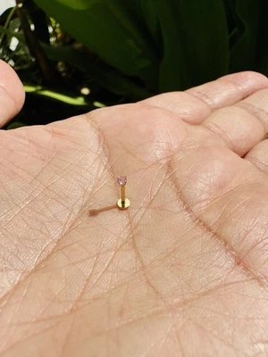 Natural Pink Sapphire 14K Gold 18G Push In stud Nose Ring Tragus Labret - Image 1 of 4