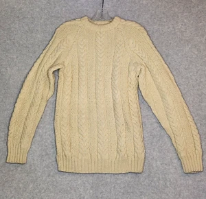 Vintage Hand Knit Wool Cable Knit Fisherman Sweater Chunky Size L Ivory Pullover - Picture 1 of 11