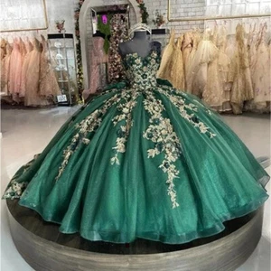 Emerald Green Quinceanera Dresses Gold Lace Applique Bow Ball Gowns Sweet 16 - Picture 1 of 9