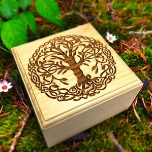 Viking World Tree Norse Celtic Small Keepsake Jewelry Wood Stash box - Picture 1 of 5