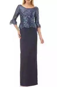 JS COLLECTIONS Navy Embroidered Mesh Lace Peplum 3/4 Bell Sleeve Maxi Gown 14 L - Picture 1 of 4