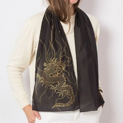 Bufanda de algodón de seda pintada a mano dragón bufanda de dragón dorada negra regalos de dragón Foto 1 de 4