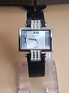 Vtg SERGIO VALENTE Watch Silver Tone Rhinestones Black Textured Leather Band - Picture 1 of 14
