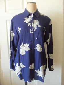 Carole Little 100% Rayon Blue White Floral Print Long Sleeve Shirt Blouse - 6 - Picture 1 of 8