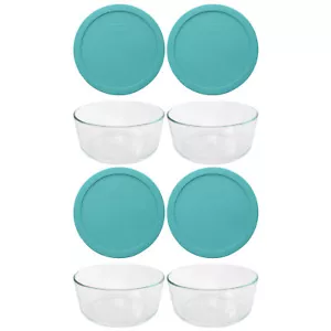 Pyrex (4) 7203 7-Cup Glass Bowls & (4) 7402-PC 6/7-Cup Sea Glass Lids - Picture 1 of 6