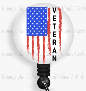 Military US Veteran Flag, Retractable Badge Reel, Lanyard ID Holder, Badge Reels - Picture 1 of 6