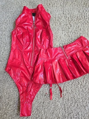 Fredricks Of Hollywood Red Vinyl Bodysuit Skirt Britney Spears Sexy Halloween  - Image 1 of 4