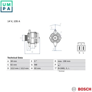 ALTERNATOR 0 986 082 190 FOR RENAULT MASTER/II/Bus/Van/Platform/Chassis 3.0L - Picture 1 of 10