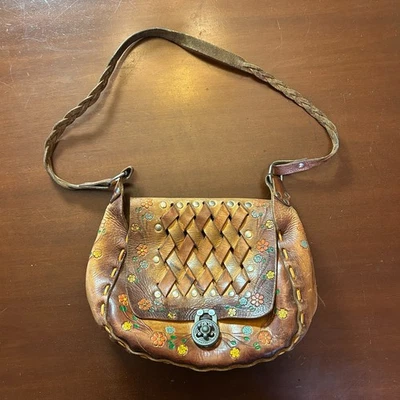 Vintage Mexican Woven Leather Boho Large Handbag Tote Bag Brown Painted - Image 1 of 4