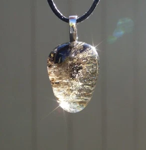 Collier pendentif en pierre cristal d'obsidienne noire forme libre à bandes - Photo 1/11
