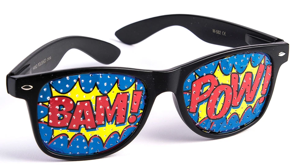GAFAS DE SOL POW BAM PANTALLAS Cómics Dibujos Animados Palabras Payaso Batman Ojo Arte Pop Negras Foto 1 de 4