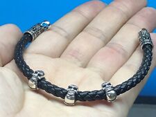 Solid 925 Sterling Silver Mens Tibetan Beaded Skull Leather Cord Cuff Bracelet