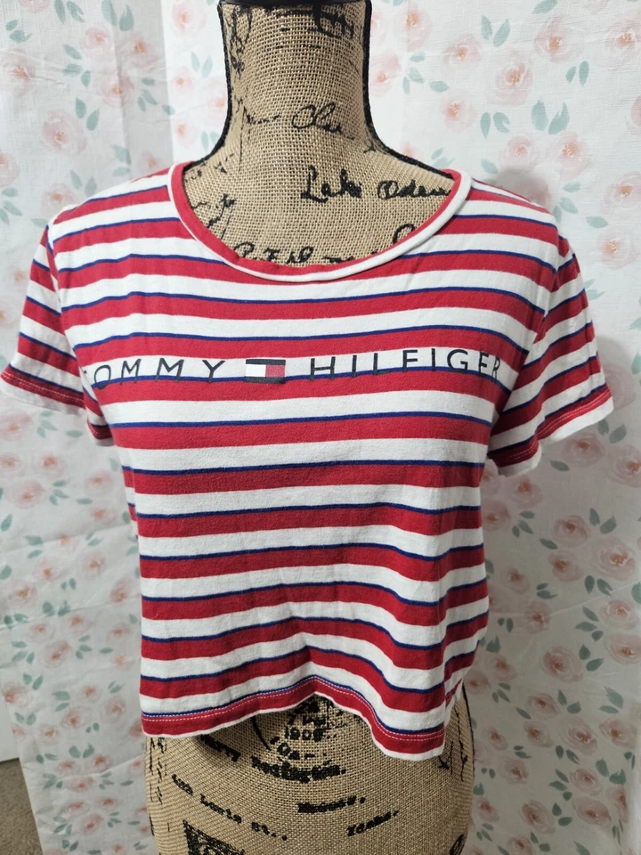 TOMMY HILFIGER 女式红色/白色/蓝色棉条纹睡衫带标志,M 码 — 第 1/4 张图片