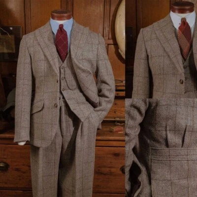 Trajes de negocios a cuadros de espiga de tweed para hombre calce regular mezcla formal de lana Foto 1 de 4