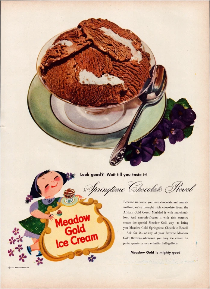 Anuncio impreso Meadow Gold Ice Cream 1953 chocolate malvavisco página completa 10,5"x13,5" Foto 1 de 1